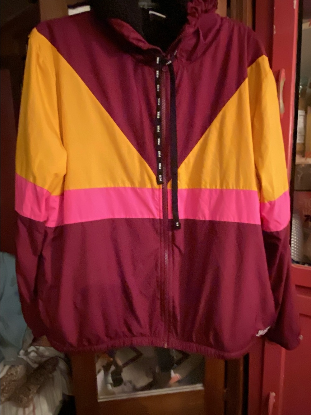 PINK Victoria's Secret Burgundy, Yellow & Hot Pink Colorblock Ski Jacket
